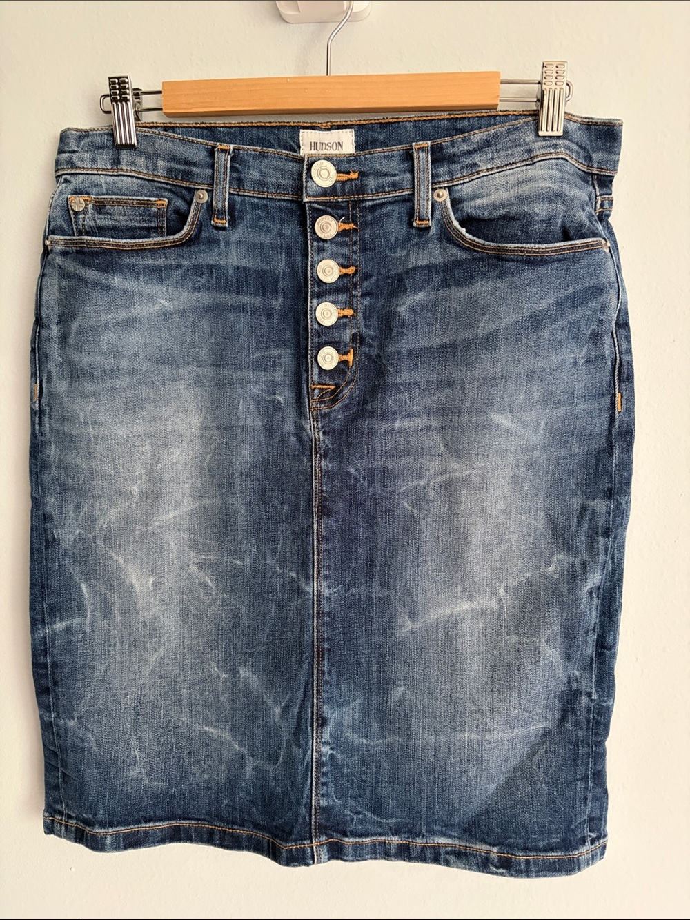 Hudson Jeans Distressed Blue Button-Front Denim Skirt